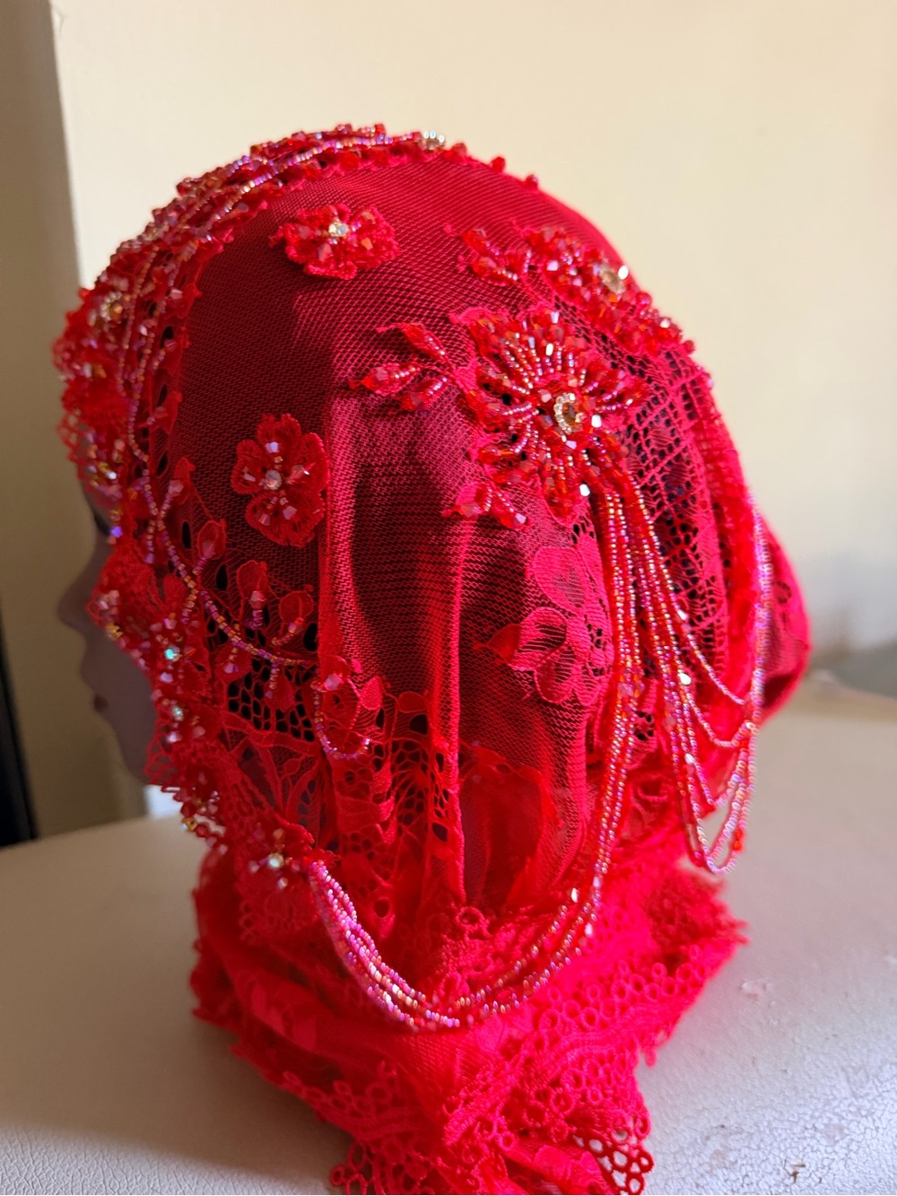 Women’s Embellished Red Lace Headscarf